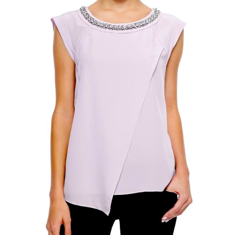 Rebecca Taylor Crossover Silk Top w/ Rhinestone Embellished Neckline Blouse